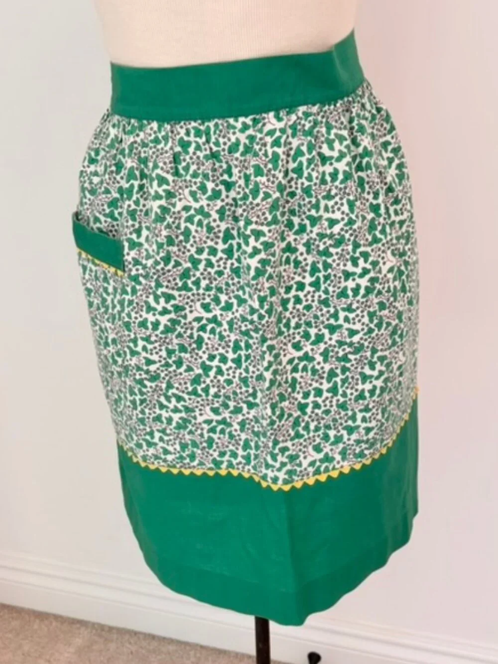 Vintage Green and white floral half apron yellow trim